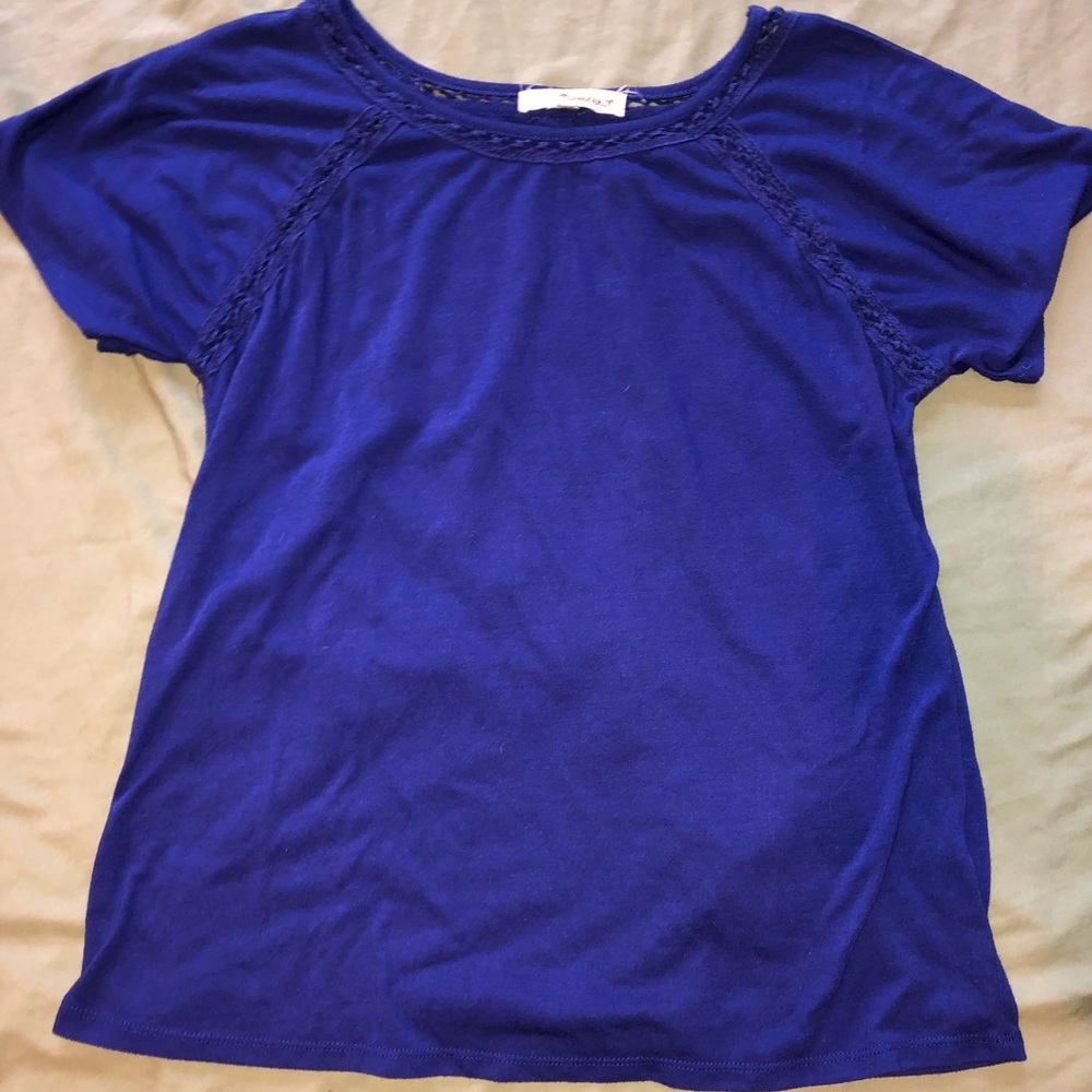 Blue Short Sleeve Knit Detail Blouse Size L